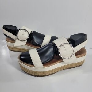 UGG April Espadrille Platform Sandals Women's Size 9 Black White Leather Buckle
